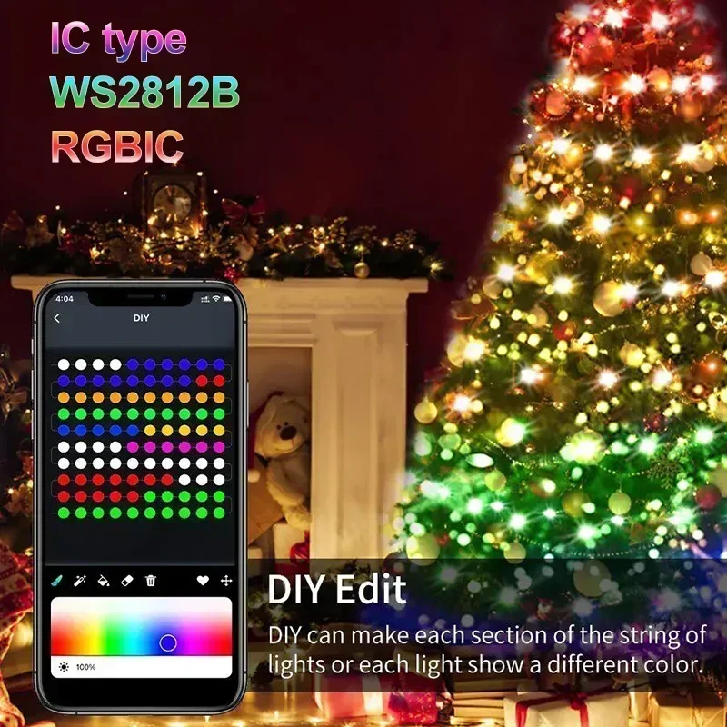 Luces de Navidad inteligentes WS2812B RGBIC, tira de luces LED direccionable con Bluetooth, guirnalda de decoración para fiesta en casa y boda, 2-30M