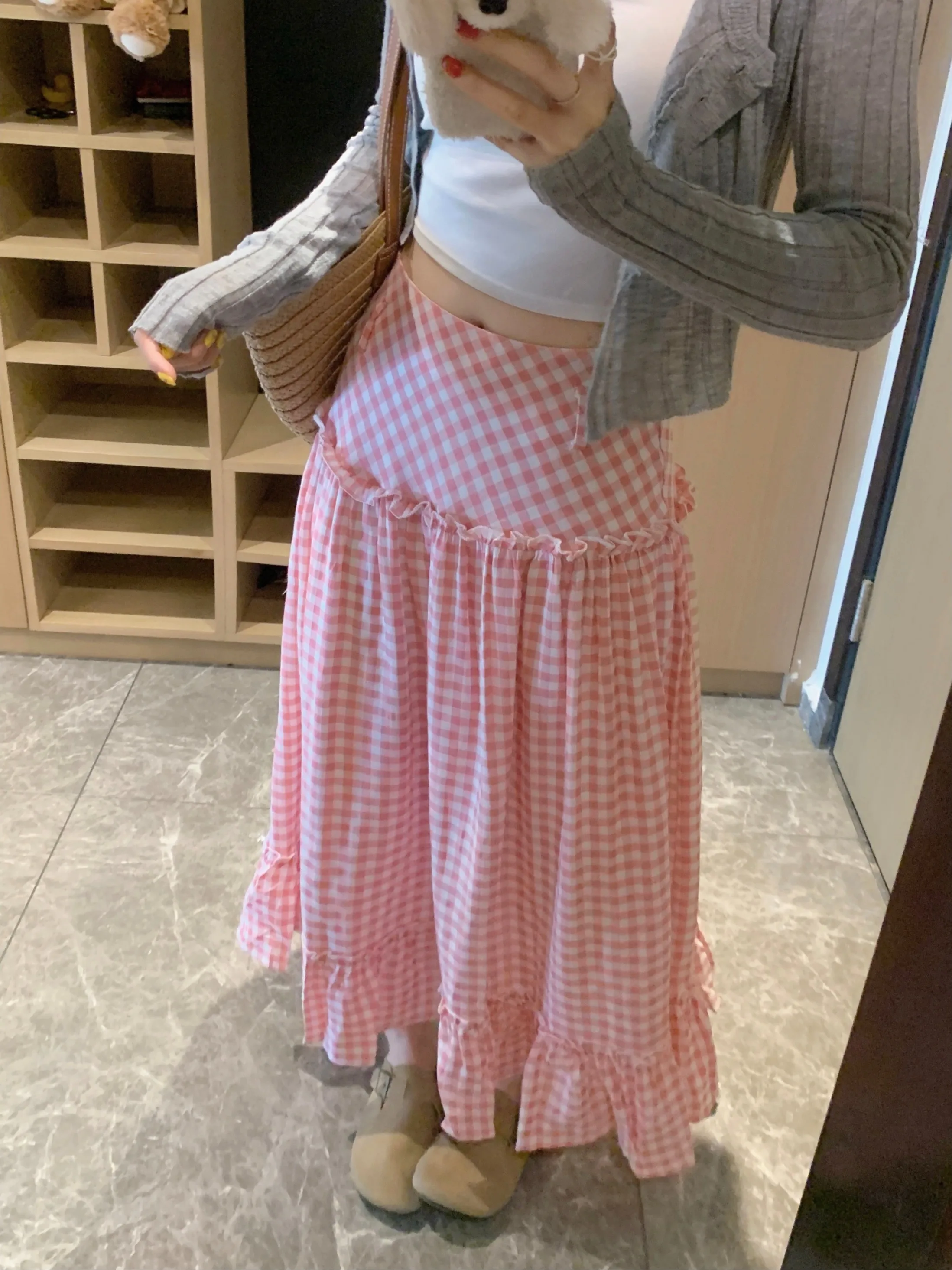 

High Waist Plaid Half Skirt with Wood Grain Large Size Slimming Design Versatile Summer New Style Korean Style A-Line Skirt