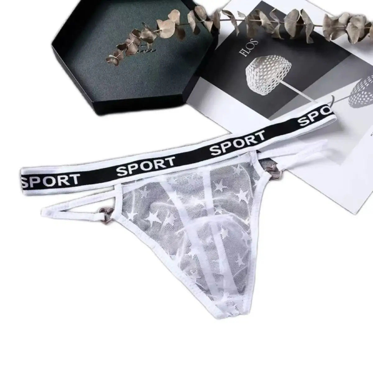

Mens Thongs Transparent Low Waist Briefs See English letter belt Lace flower pattern Quick Dry T-Back Pouch Underpants