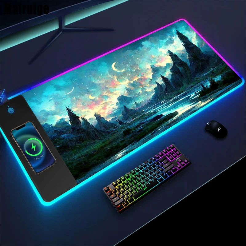 

Mairuige Nature Scenery RGB Wireless Charging Mouse Pad Pc Accesories Pink Computer Mouse Pads Laptop Table Desk Mat for Office