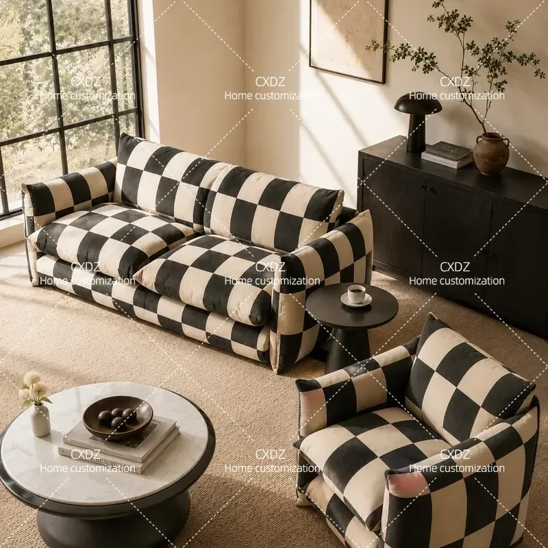 Modern velvet checkerboard sofa, black and white checkerboard cloud soft bag sofa, living room leisure lazy sofa