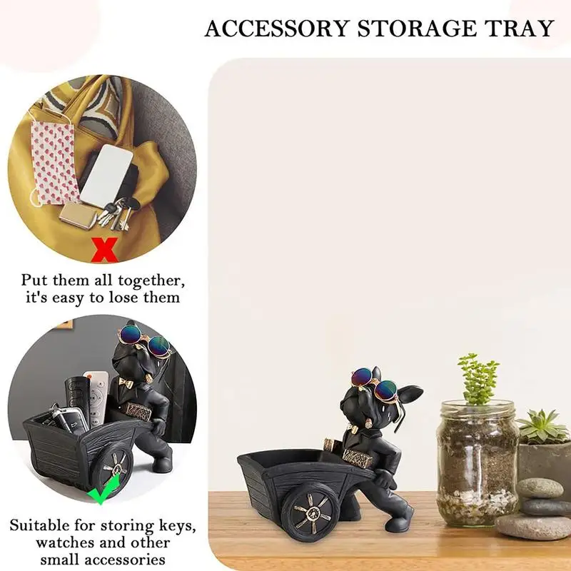 Tigela de chave fofa, decoração de entrada de resina, recipiente de artigos diversos, adorável, criativo, cachorro puxando um carrinho, design, estátua, decoração de armazenamento para