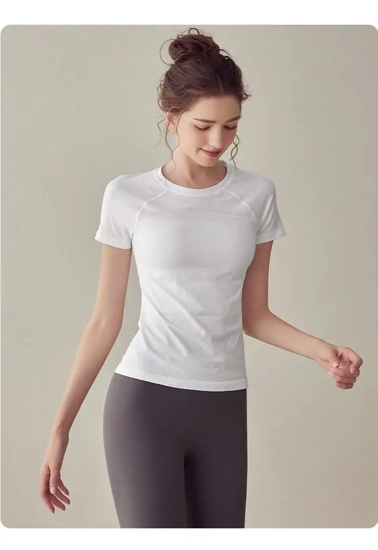Sport-Tops Schnelltrocknend Damen Fitness Lauf-Yoga Kurzarm Feuchtigkeitsspendend Wundfreundlich Elastisch Atmungsaktives Yoga-Anzug T-Shirt – Detail 6