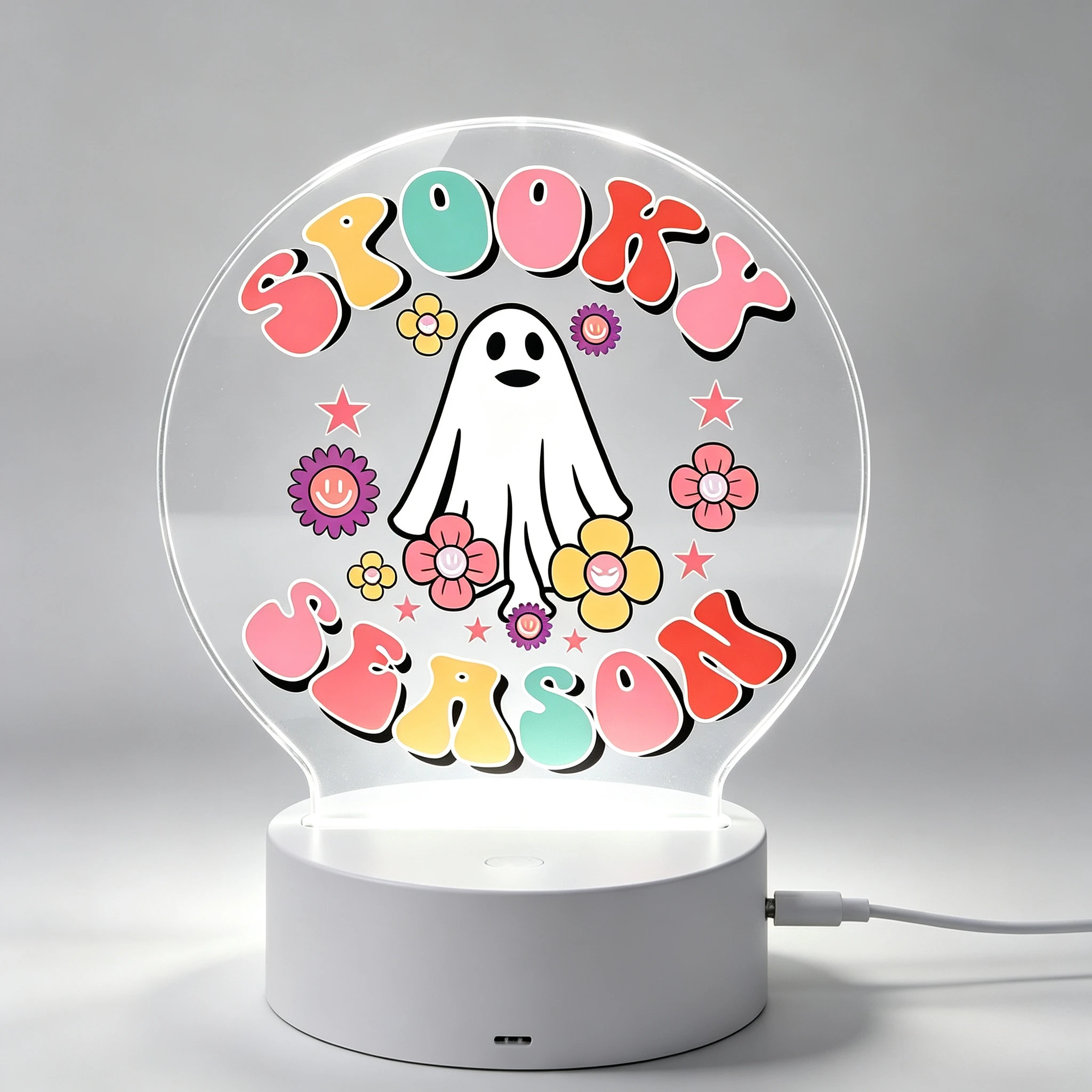 Cute Ghost Floral Acrylic Nightlight, Fall Spooky Season Bedroom Decoration