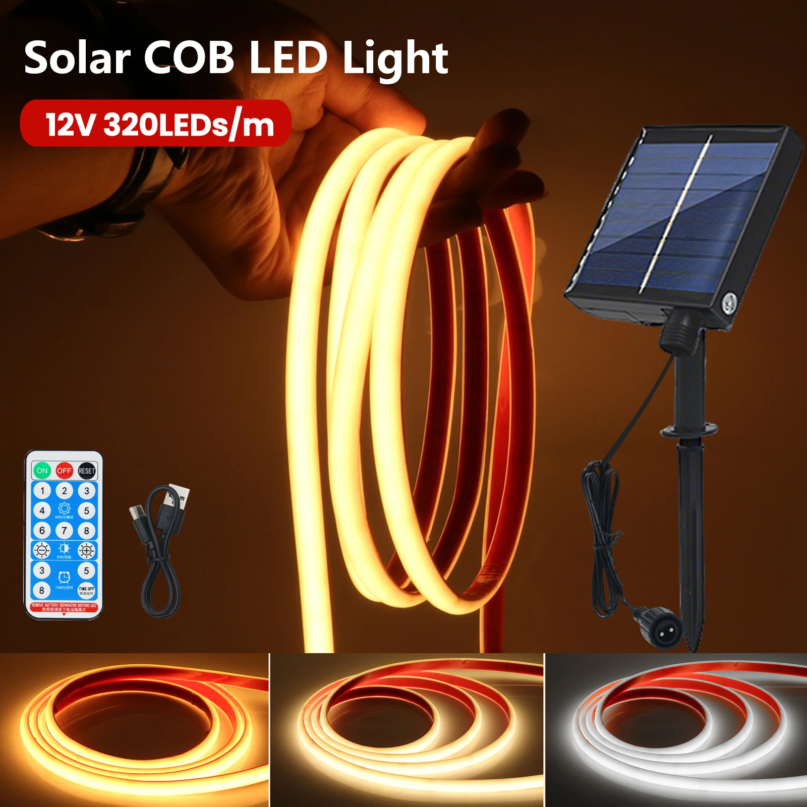 12V Solar Light Strip COB Waterproof IP68 320LEDs/M Adhesive Tape Remote Control Warm Natural White Flexible Neon Room Lighting
