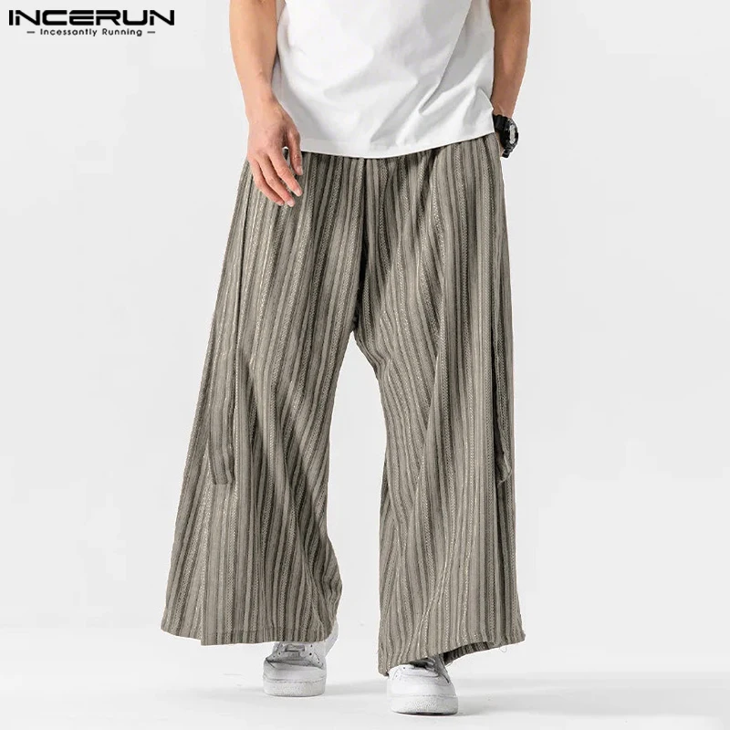 

INCERUN Men Striped Pants Elastic Waist Joggers Loose Casual Wide Leg Trousers Men Streetwear 2025 Oversize Vintage Male Pants