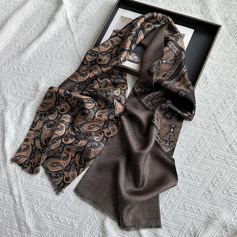 Men's Business Long Scarf Double-Layer Pure Silk Scarves High Quality 100% Mulberry Silk Long Handkerchief 160*26cm