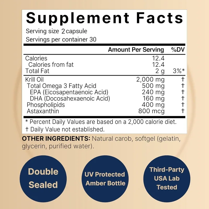 Antarctic Krill Oil 2000mg Supplement, 60 Soft Capsules Omega-3 Containing 240mg EPA+160mg DHA+800mcg Astaxanthin