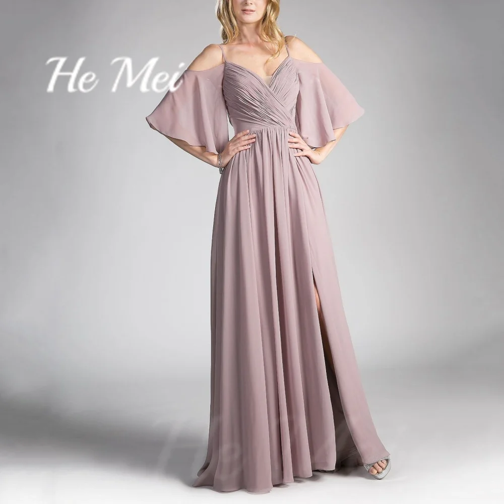 Simple Women Gowns Chiffon Spaghetti Straps V-Neck Formal Dress A Line Mid Calf Length Mother Dresses Robes Invitée Mariage