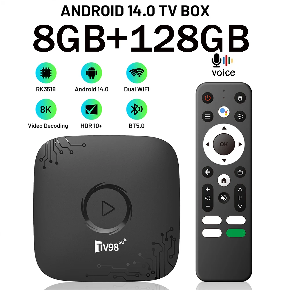 

TV98 ATV mini Smart TV Box HD 8K 4K Android 14 BT5.0 WiFi 4G 5G RK3518 Quad Core Voice Remote Media Player IPTV 8GB 128GB