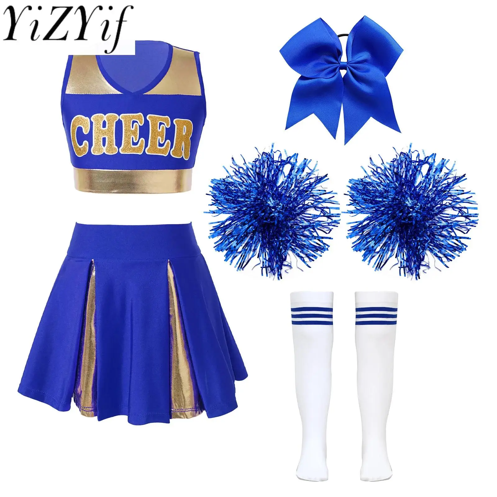 

Girls Cheerleading Uniform Crop Top and Skirt Hair Tie Flowers Tube Socks for Jazz Dance Sports Meeting Stage Performance Outfit