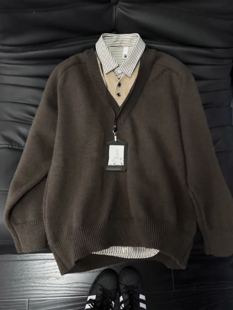 

Мужской трикотажный свитер American Sle с V-образным вырезом, утепленный, осенне-зимний, премиум-класса, имитация двухслойности