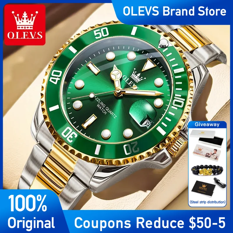 Olevs relógio masculino de aço inoxidável marca superior verde água fantasma quartzo relógio de pulso à prova dwaterproof água calendário luminoso luxo reloj