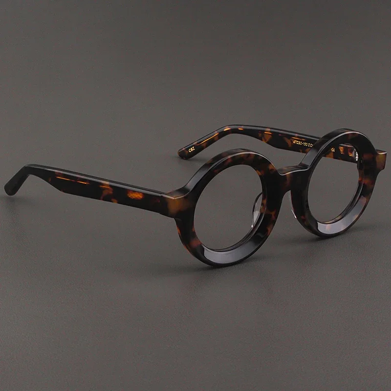 

Retro round eyeglass frame board with wide edges and thick handmade matte black frame for men