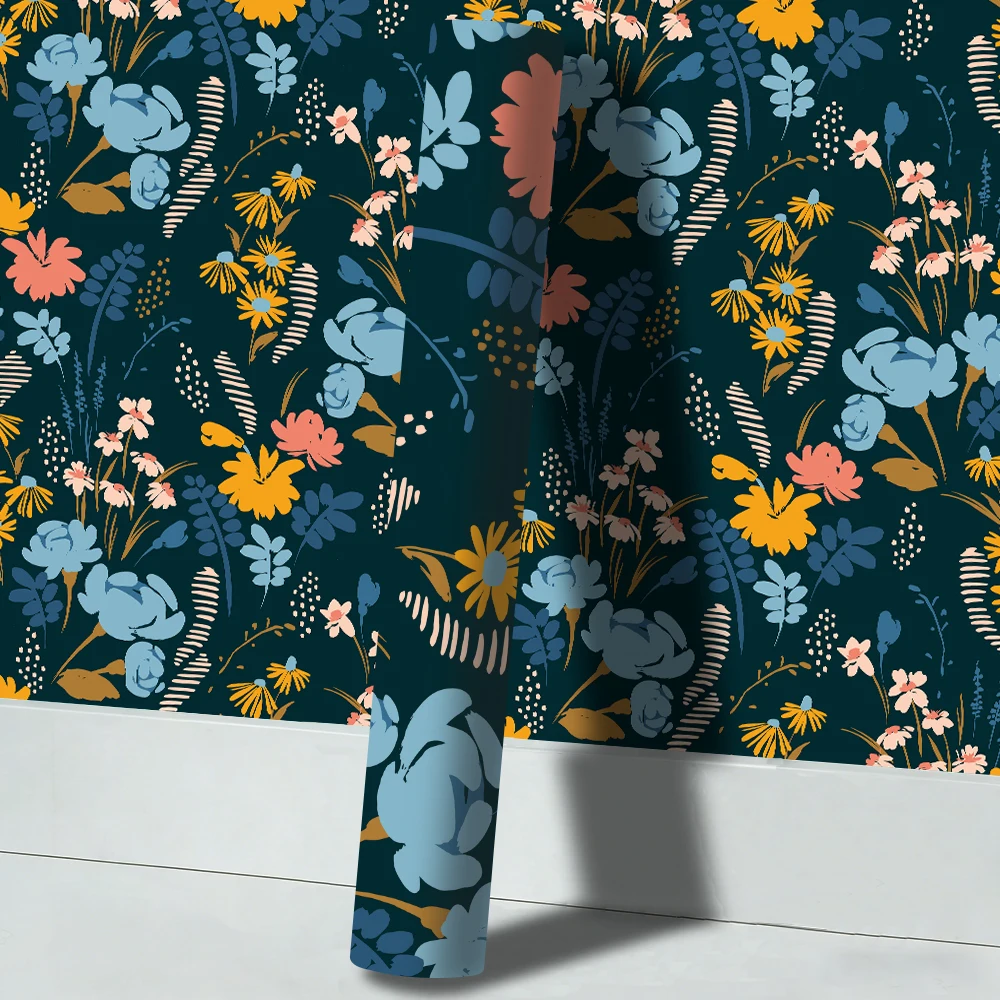 Papel pintado floral autoadhesivo de color verde azulado oscuro de 44 x 300 cm, adhesivo de pared autoadhesivo extraíble con estampado botánico colorido