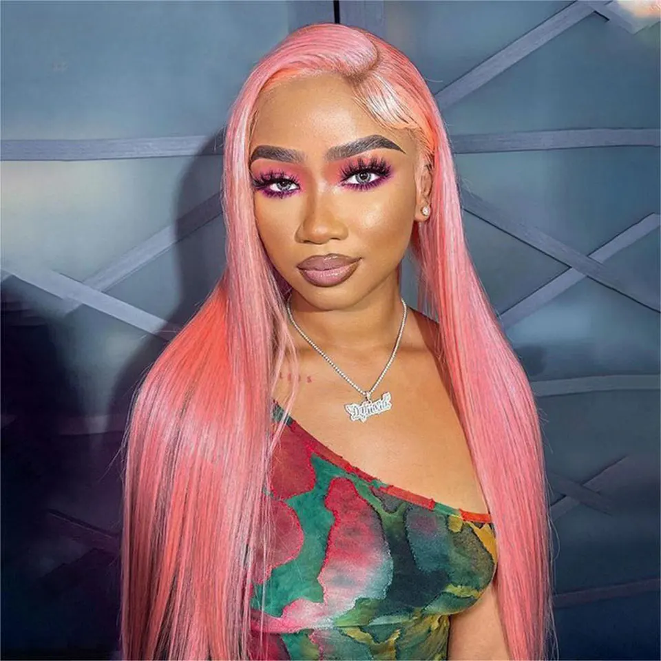 

Pink Long Straight Transparent Lace Frontal Wigs High Quality 13x4 Brazilian Colored Human Hair Wig For Women Wear And Go