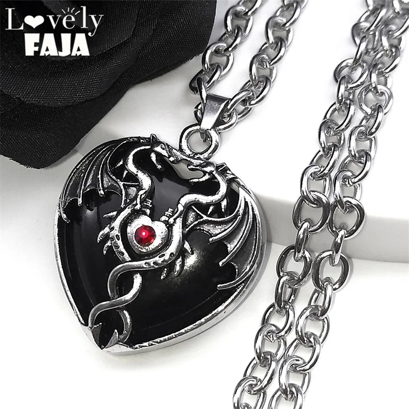 Goth Double Dragon Heart Black Stone Necklace Men Women Stainless Steel Star Girl Y2k Necklaces Halloween Jewelry Gift NZZZ364-1