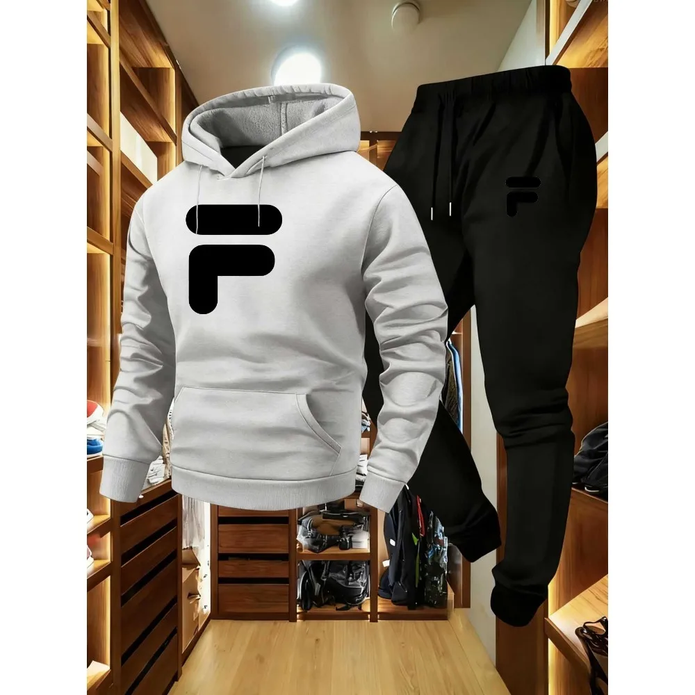 طقم سويت شيرت وسروال للركض بنمط F-أسود للرجال - نمط الشارع الحضري، ناعم، دافئ، مريح، ملابس رياضية غير رسمية #4