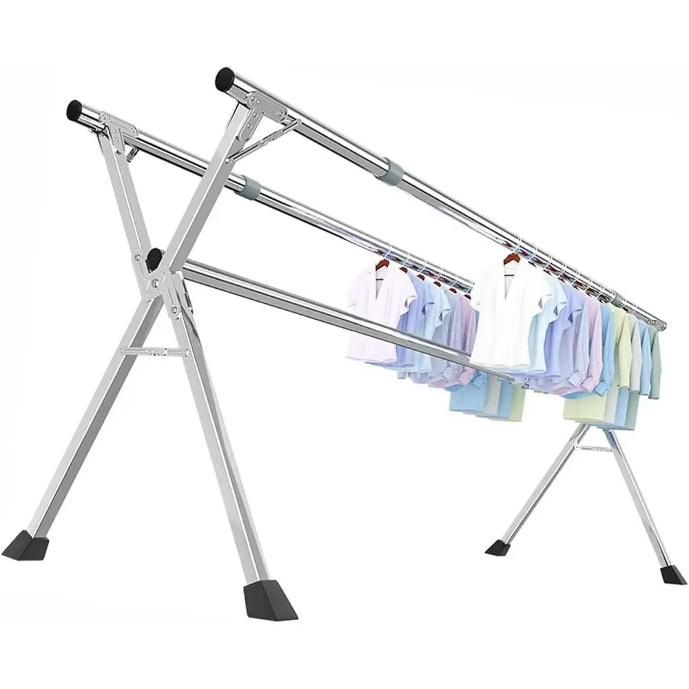 

Compact Folding Laundry Drying Rack, Adjustable Stainless Steel Hanger, Space-Saving with Wheels, Suitable for Indoor and Outdoo