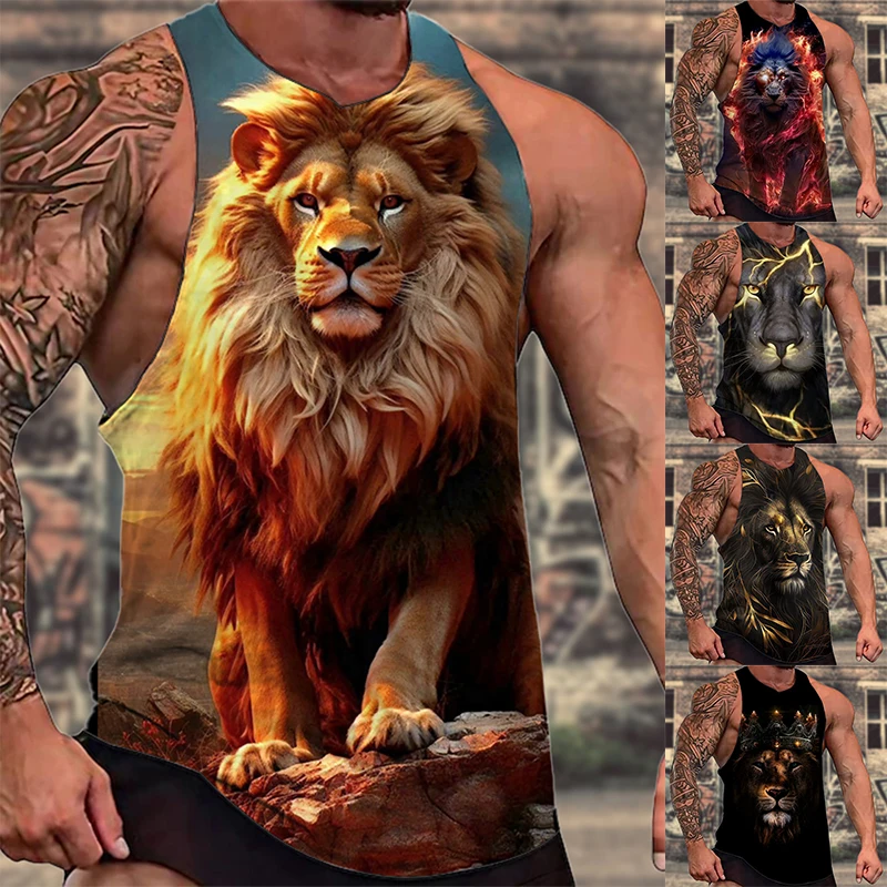 

2024 New Men's Vest Print Fierce Lion Pattern Oversized Men's Loose Top Y2K Style Vest Summer Casual Breathable Refreshing Vest