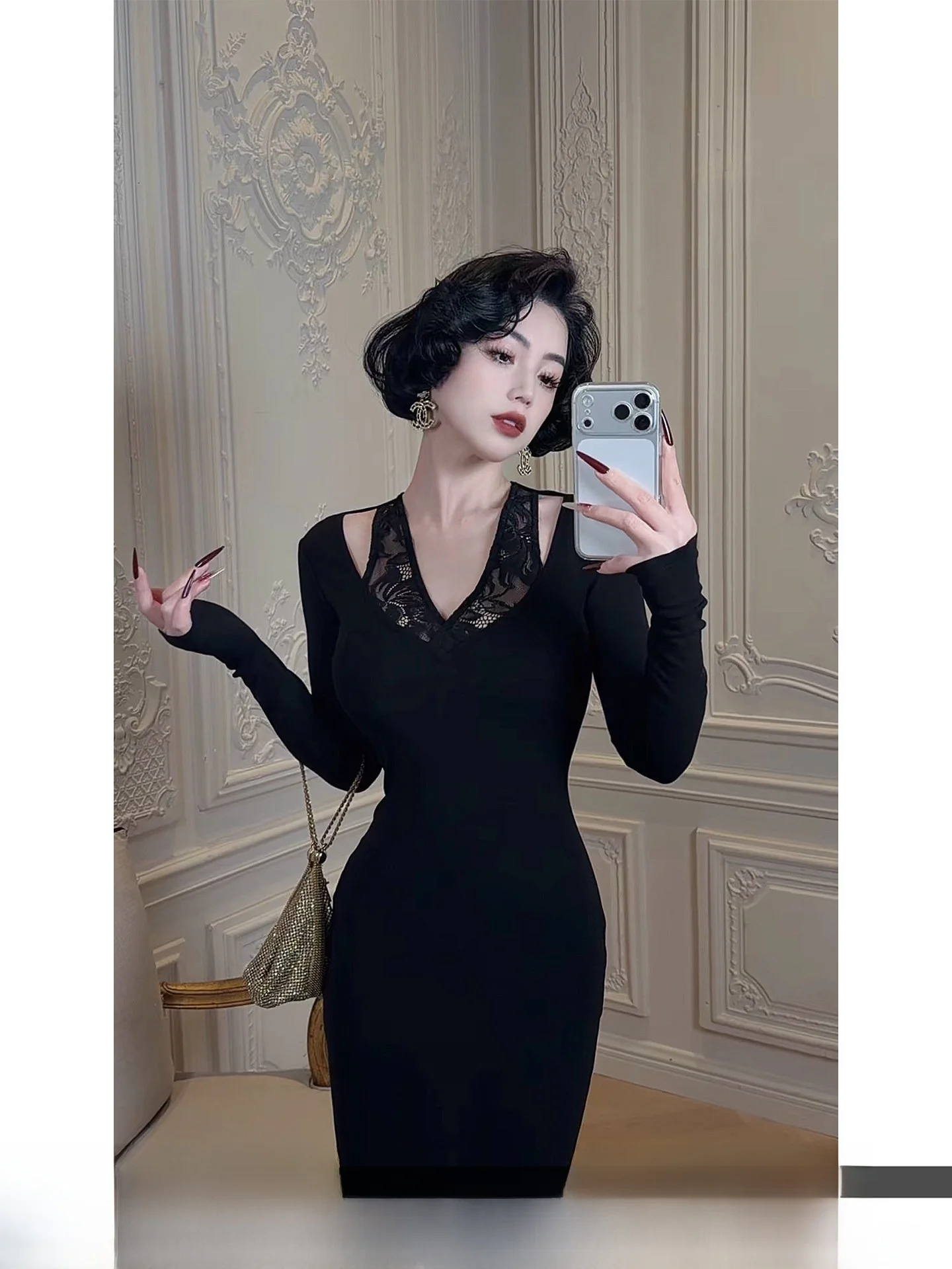 

LYXJ Solana Mijie Women's Dr Sexy Waist-Cinching Gown Spring Season Slimming Bodycon Mid-thin Long Sve V-ne