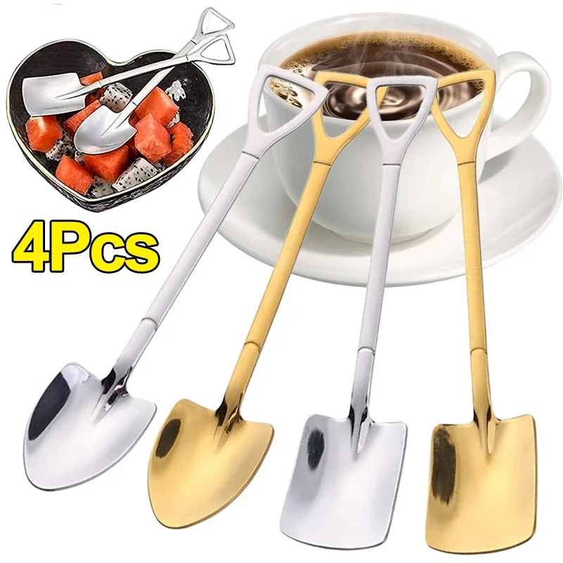 4/1Pcs Creative Shovel Spoons Stainless Steel Coffee Tea Spoon Ice Cream Dessert Fruit Party Scoop Kitchen Tools Tableware Set