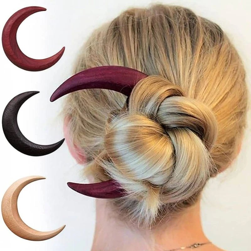 Crescent Moon Hair Fork Ramadan Hand Carved Wooden Hair Sticks for Women Long HairComb Hair Styling Fashion HairAccessories