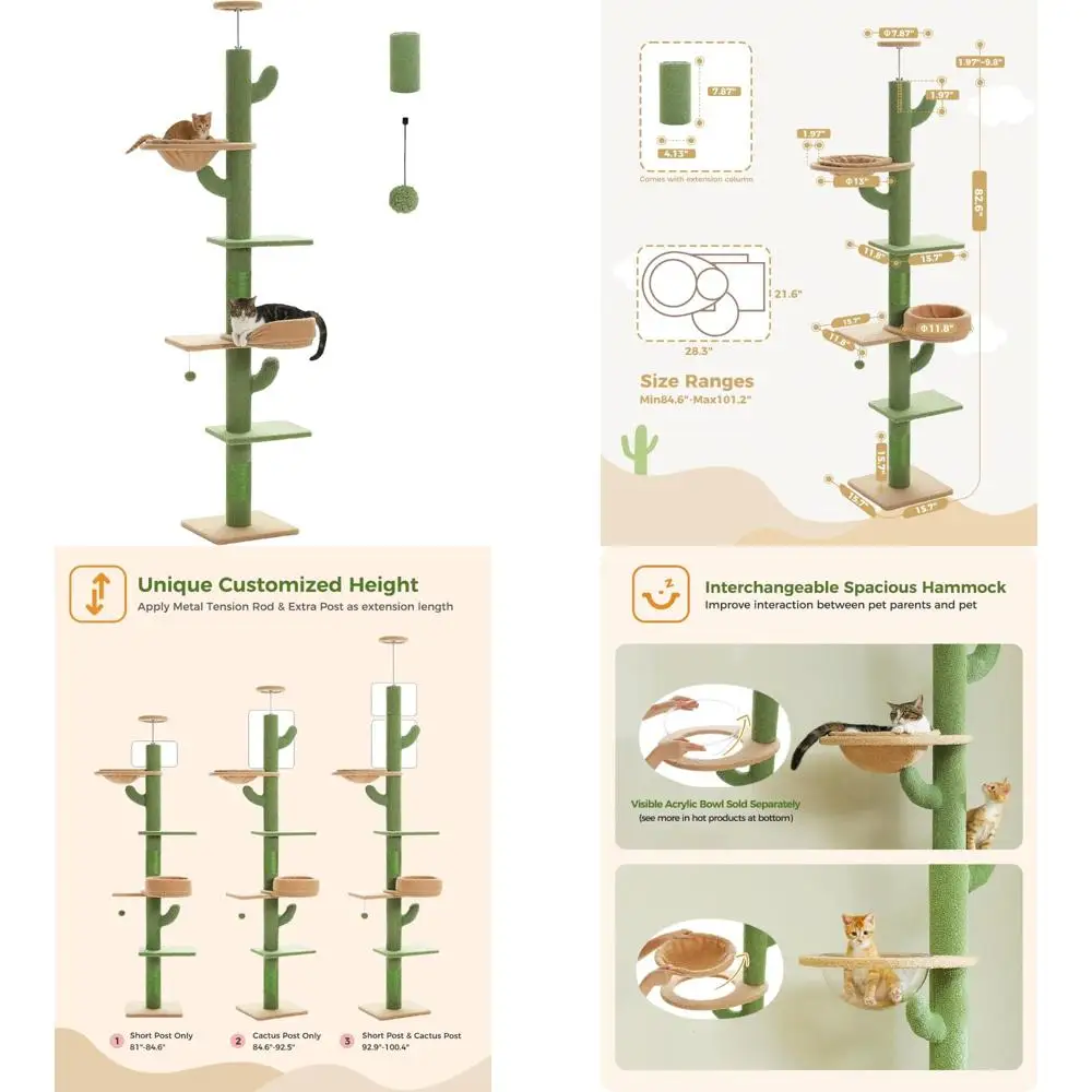 

Adjustable Height Cat Climbing Tree with 5 Levels and Top Perch, 87-100 Inches Tall, Floor to Ceiling Cactus-Style Tower