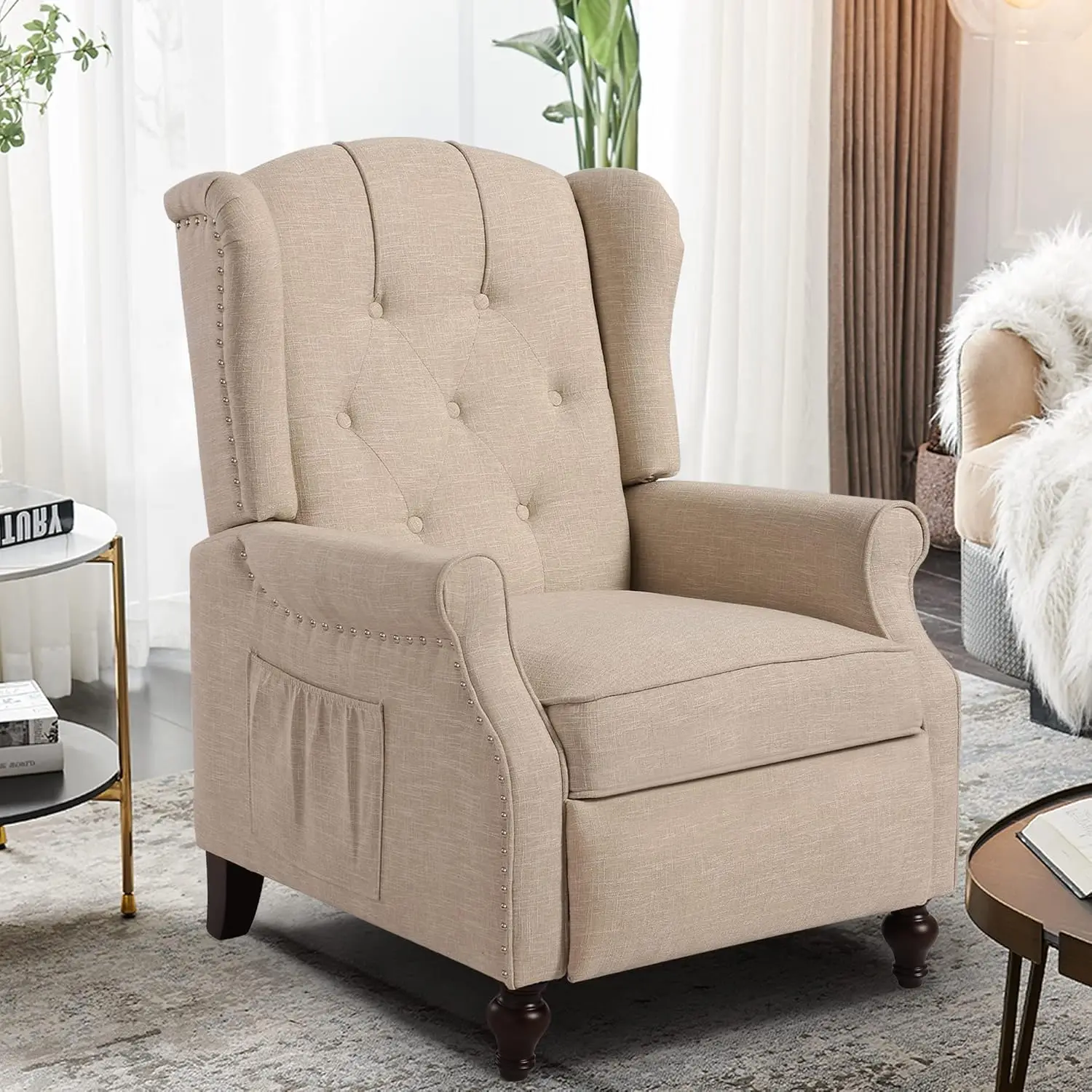 

Heated Massage Wingback Recliner Tufted Fabric Remote Control Padded Cushion Wooden Legs Small Spaces, Customized