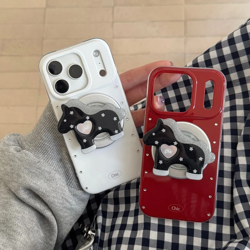 

Простой милый чехол для телефона с магнитным креплением и стразами для iPhone 17 Pro 16 14 15 Pro Max, с блестящей подставкой-лошадкой для MagSafe, мультяшный дизайн