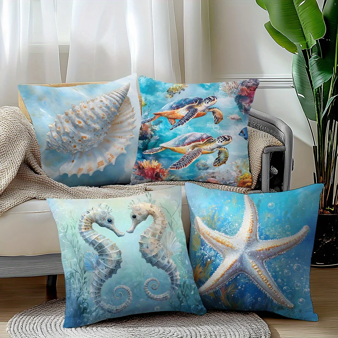 Throw Pillow Cover Comfortable And Charming Pillow Cover Modern Style Suitable for Office Summer Sea Life Shell Seahorse Turtle