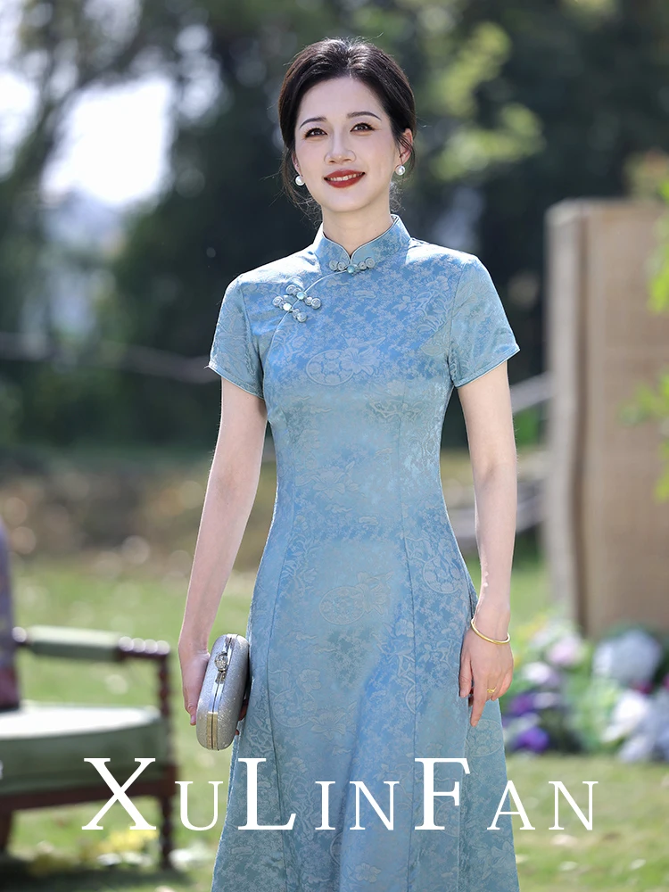 

Синее свадебное платье-ципао в китайском стиле для женщин среднего возраста, традиционный наряд для свадебной церемонии, повседневное, больших размеров