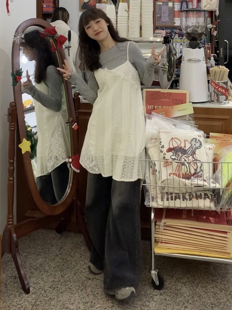 Vestido Plus Size Estilo Coreano com Design de Renda para Mulheres, Novo Vestido Slimming de Outono com Camadas e Sensação At...