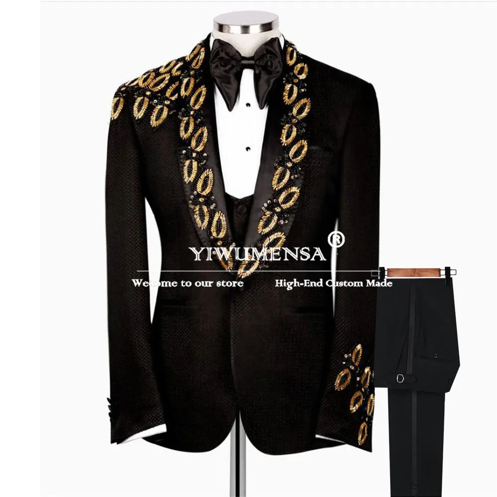 Elegant Wedding Suits Crystals Beaded Prom Blazer Tailor-made Formal Party Men Suits 3 Pieces (Jacket Vest Pants) Man Chic Dress