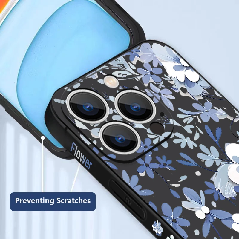 Phone Case For iPhone 17 Pro Max Blue and white Flower Pattern Lanyard Cover For Funda iPhone 16 Pro Max 15 14 13 12 11 16e Air