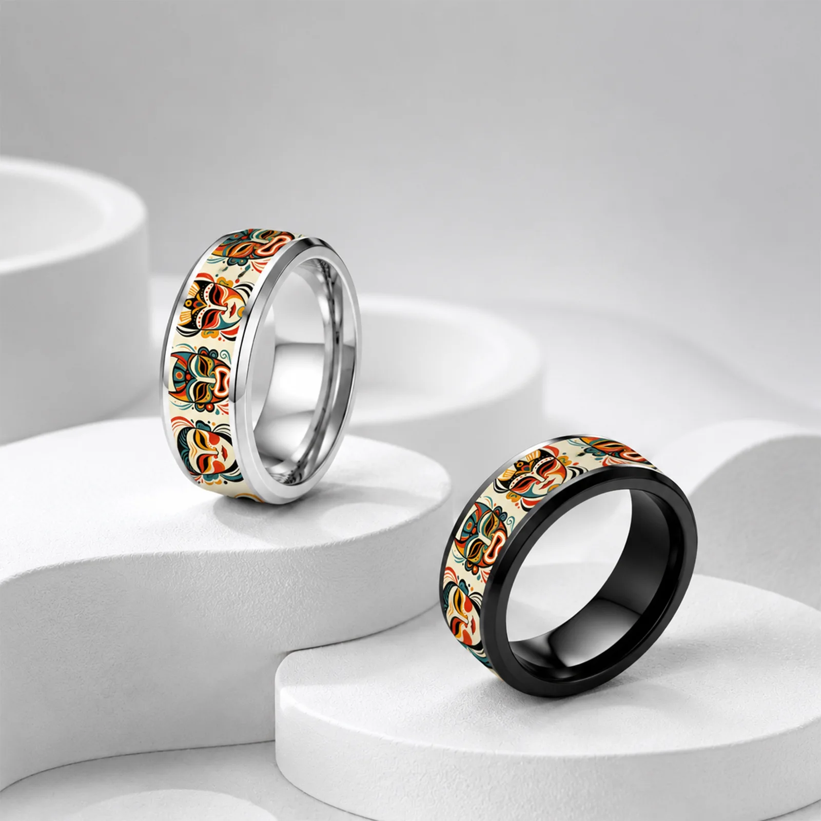 2Pcs/Set 8MM Unique Painted Face Stainless Steel Rings Set Polished Double Beveled Black And White Stainless Steel Ring