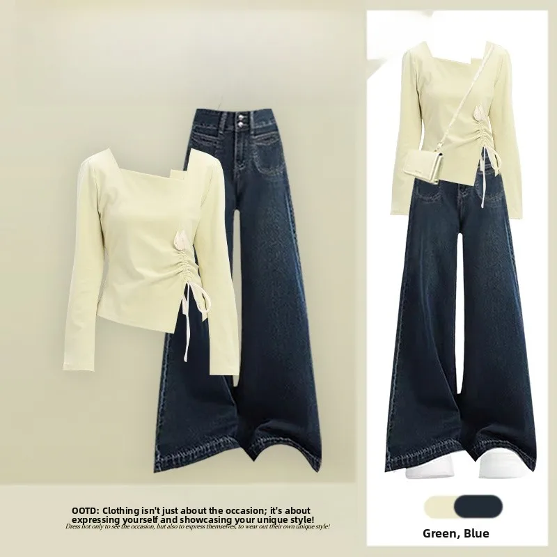 

Korean Sle Dstring Long Sve T-irt Top High Waist Slimming Jeans Two Piece Set Spring New Arrival plus Size Women