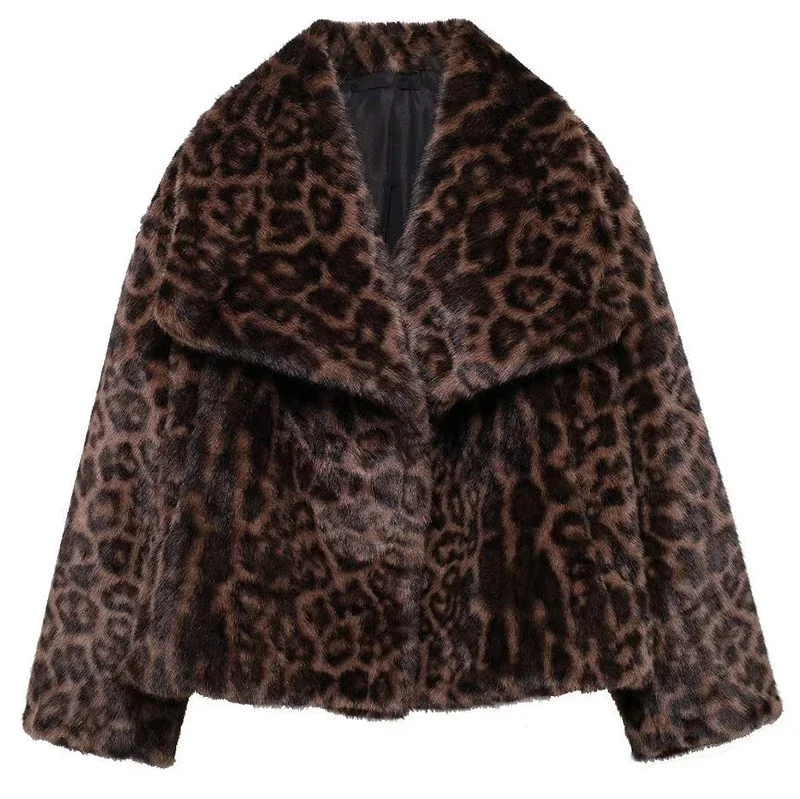Loose Artificial Fur Jackets Leopard Print Fashionable Turn Up Neck Long Sleeve Women's Winter Outerwear Street Style Top Jacket