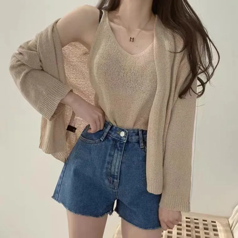 Tanks Top Camis Knitted Loose Sunscreen Shirt Sueter 2 Piece Sets Korean Fashion V Neck Cardigan Feminino Coat Casual Vest Pull