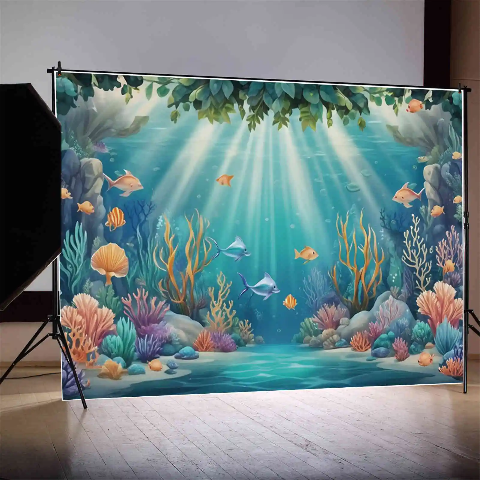 MOON.QG Custom Children Birthday Party Background Photography Mermaid Theme Summer Seabed Backdrop Underwater Studio Accessories