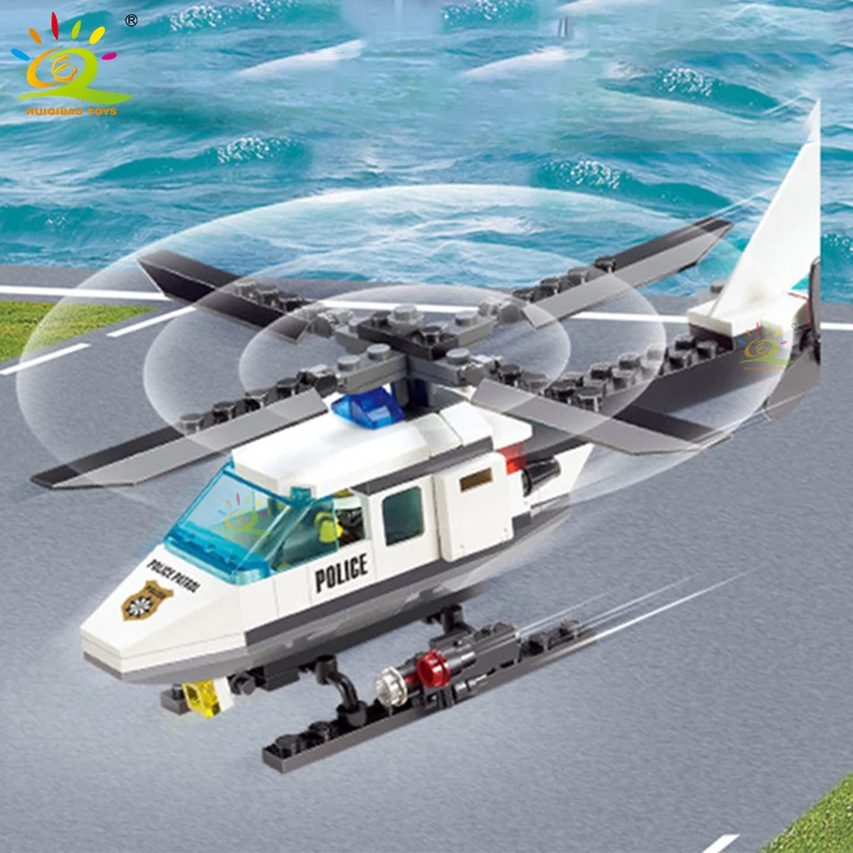 HUIQIBAO 102Pcs City Police Helicopter Model Building Blocks Set With 1 Figure Bricks Educational Toys For Children Boys Gift