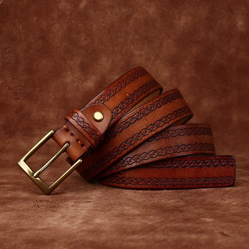 Ремень из воловьей кожи растительного дубления, женская натуральная кожа, модная повседневная индивидуальность, ремень с тиснением в стиле ретро
