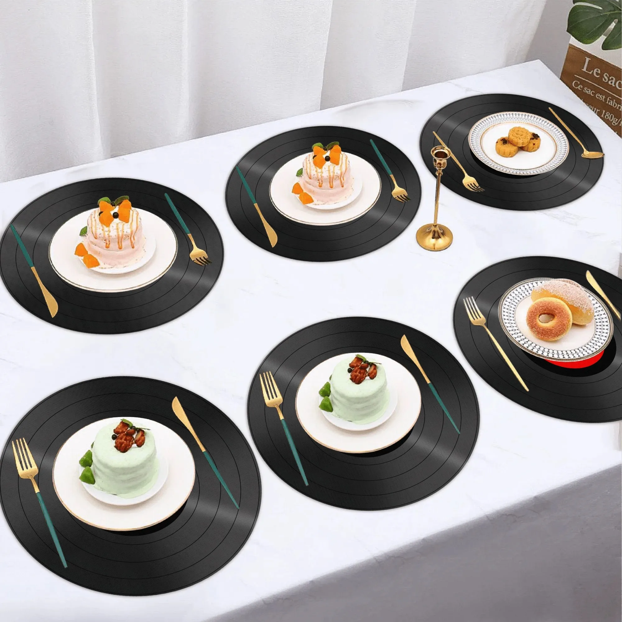 VIKAMA 6pcs vinyl record pattern circular placemat easy to clean daily dining restaurant kitchen table decoration