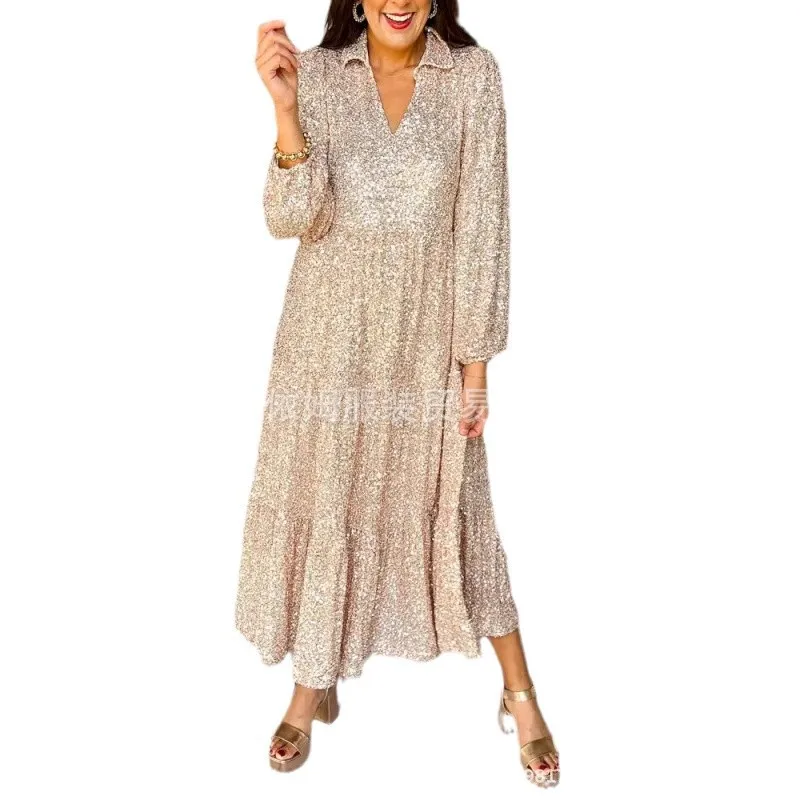 

Women's Autumn Winter Long Sleeve V Neck Beaded Loose Fit Maxi Dress with Flared Skirt European Style Elegant Gown