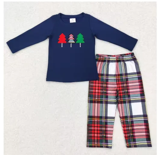 

Christmas tree pattern Boys Girls Green Embroidered Santa Claus Long Sleeve Pants Wholesale Boutique Children Clothing RTS