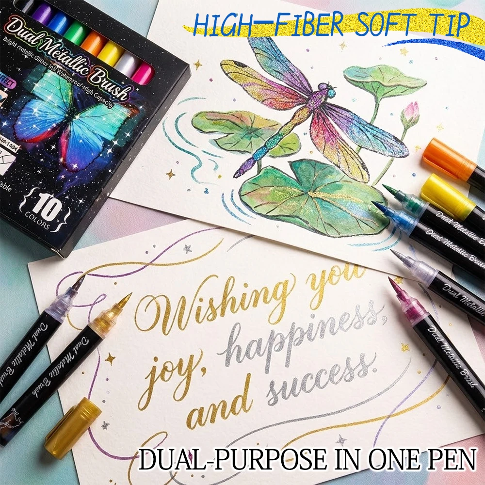 10 Colors Art Markers Brush Tip Metallic Luster With Glitter Powder For Painting Greeting Card Student Notebook Art Supplies