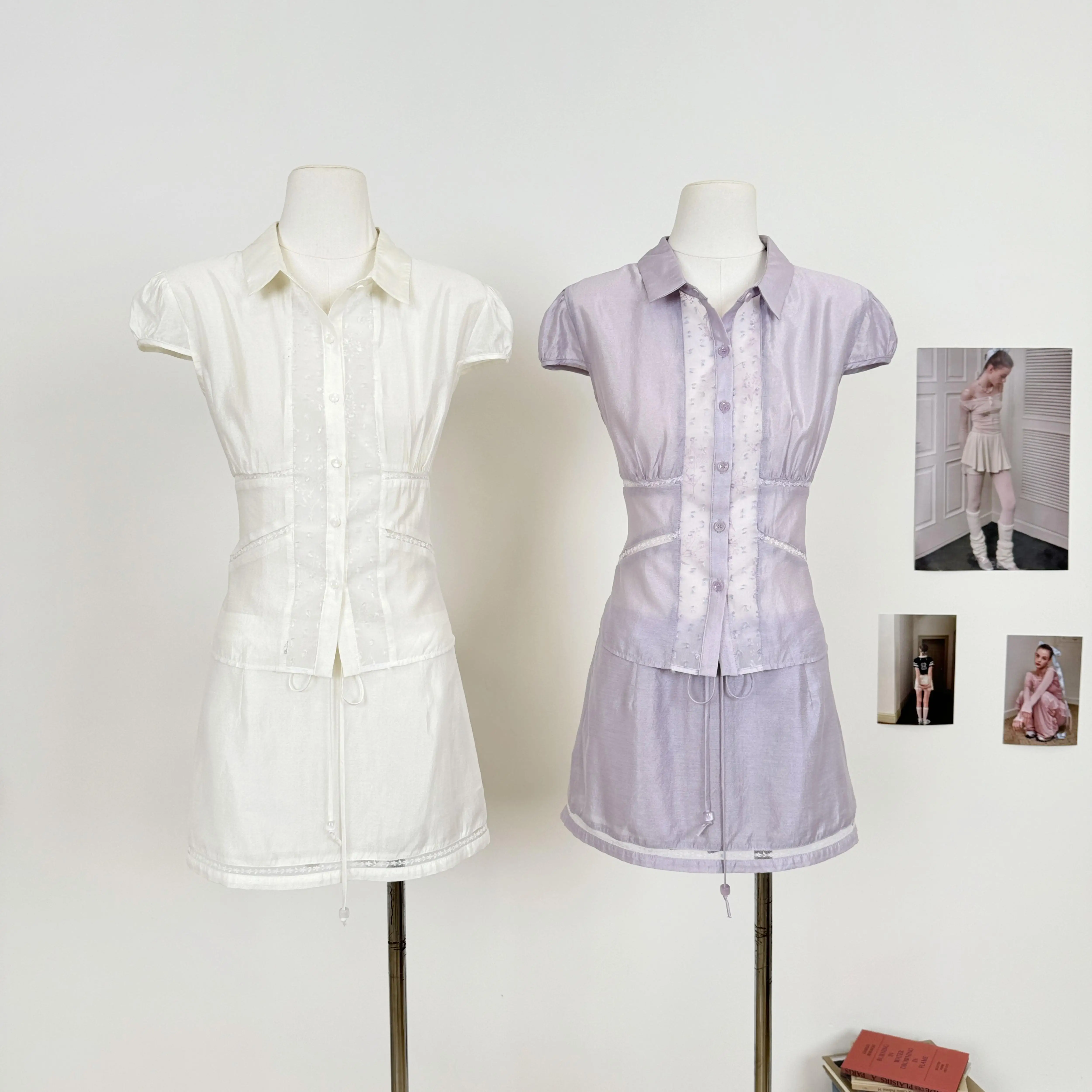 Women's Summer Sweet Acetate Two Pieces Skirt Set Lady Turn Down Collar Puff Sleeve Slim Shirt + Drawstring Waist Skirt