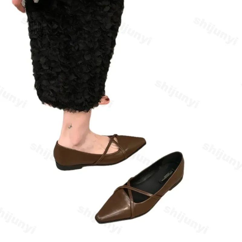Fashion Cross Strap Women Mary Jane Shoes New 2025 Autumn Pointed Toe Dress Flat Shoe Ladies Red Soft Sole Ballet Shoes Zapatos