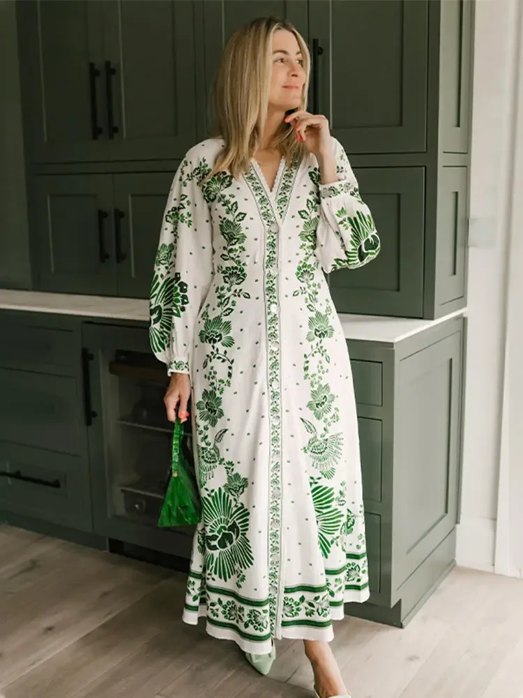 Fashion Green Print Single Breast Maxi Dress Women Elegant Lapel Long Lantern Sleeves Long Robes 2024 New Beach Vocation Vestido