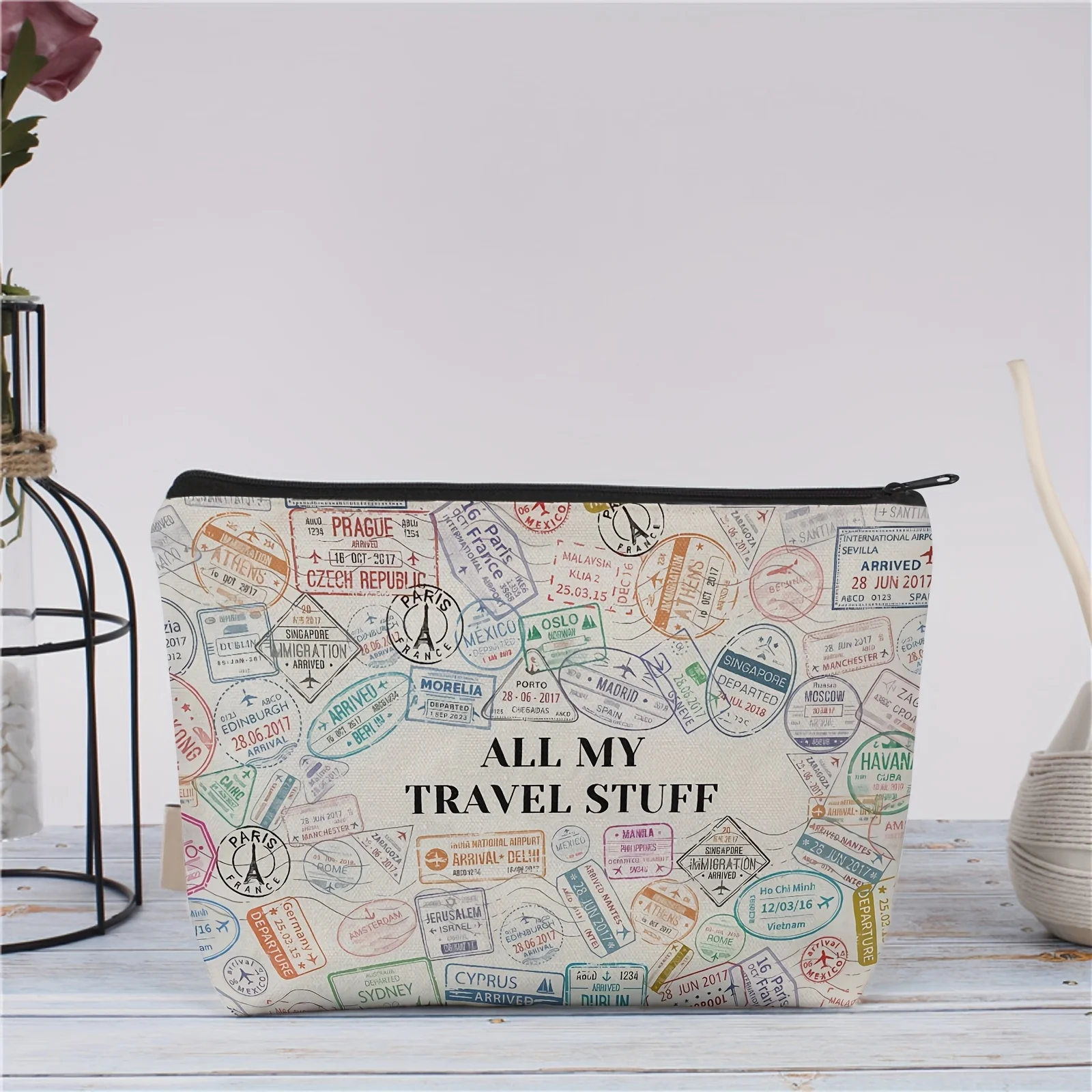 A Vintage travel themed makeup bag - cute multifunctional zipper pouch, jewelry storage bag, perfect travel zipper small storage